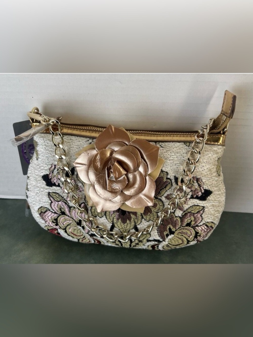 SHARIF NY Floral Tapestry Crossbody Bag NWT AS IS Damaged Rose 1980 Gold Pretty